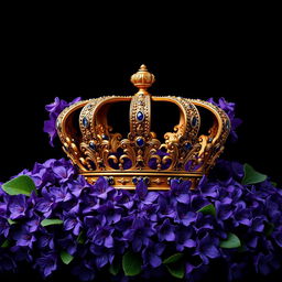 A realistic, intricately designed crown sitting prominently in the center of the image, surrounded by an abundance of vibrant violet flowers