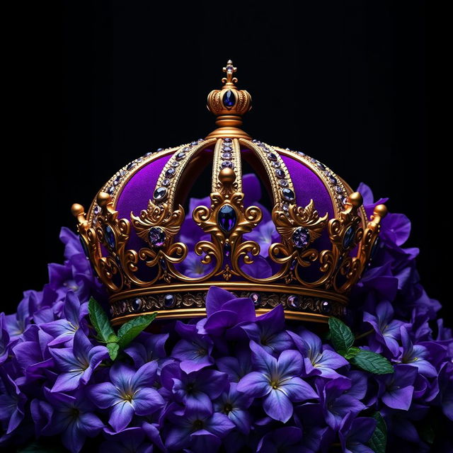 A realistic, intricately designed crown sitting prominently in the center of the image, surrounded by an abundance of vibrant violet flowers