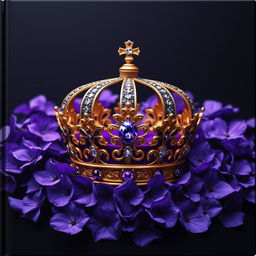 A realistic, intricately designed crown sitting prominently in the center of the image, surrounded by a multitude of violet elements, such as flowers or petals