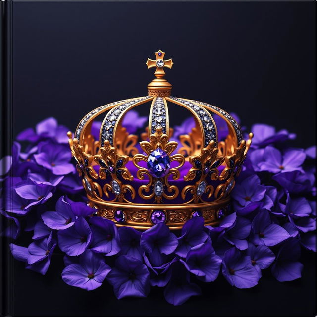 A realistic, intricately designed crown sitting prominently in the center of the image, surrounded by a multitude of violet elements, such as flowers or petals