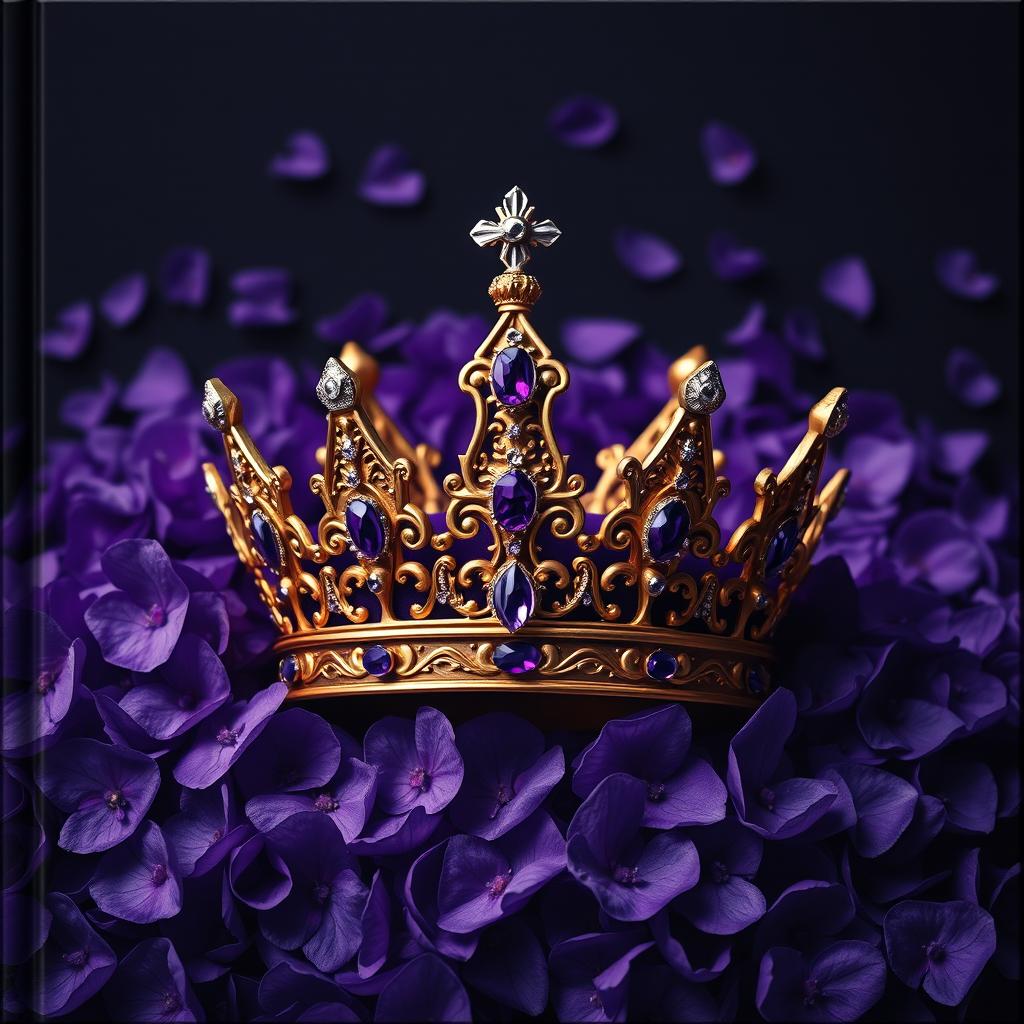 A realistic, intricately designed crown sitting prominently in the center of the image, surrounded by a multitude of violet elements, such as flowers or petals