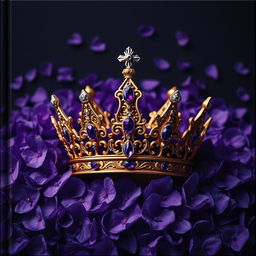 A realistic, intricately designed crown sitting prominently in the center of the image, surrounded by a multitude of violet elements, such as flowers or petals