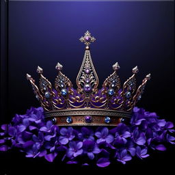 A realistic, intricately designed crown sitting prominently in the center of the image, surrounded by a multitude of violet elements, such as flowers or petals