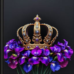 A realistic, intricately designed crown sitting prominently in the center of the image, surrounded by a stunning arrangement of vibrant iris flowers