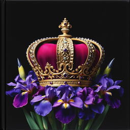 A realistic, intricately designed crown sitting prominently in the center of the image, surrounded by a stunning arrangement of vibrant iris flowers