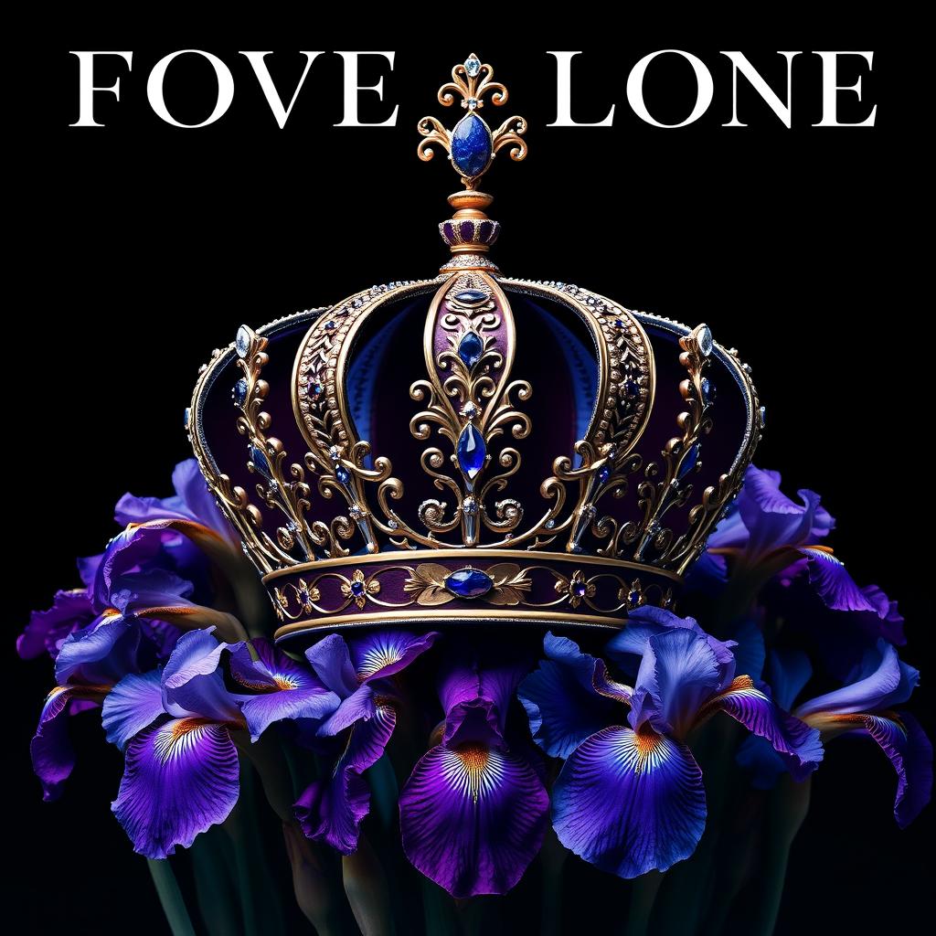 A realistic, intricately designed crown sitting prominently in the center of the image, surrounded by a stunning arrangement of vibrant iris flowers