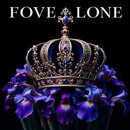 A realistic, intricately designed crown sitting prominently in the center of the image, surrounded by a stunning arrangement of vibrant iris flowers