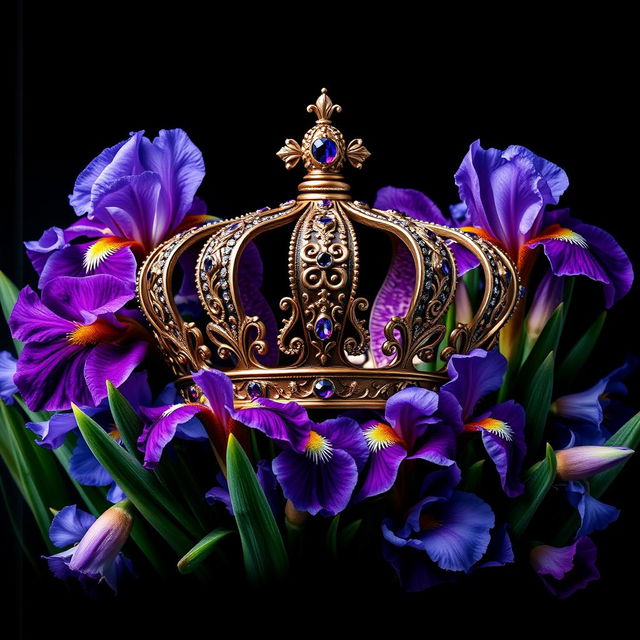 A realistic, intricately designed crown sitting prominently in the center of the image, surrounded by a stunning arrangement of vibrant iris flowers