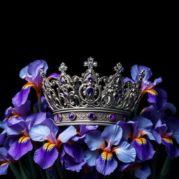 A realistic, intricately designed crown sitting prominently in the center of the image, surrounded by an abundance of striking iris flowers