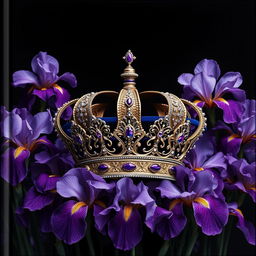 A realistic, intricately designed crown sitting prominently in the center of the image, surrounded by an abundance of striking iris flowers