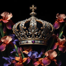A realistic, intricately designed crown sitting prominently in the center of the image, surrounded by an abundance of striking iris flowers