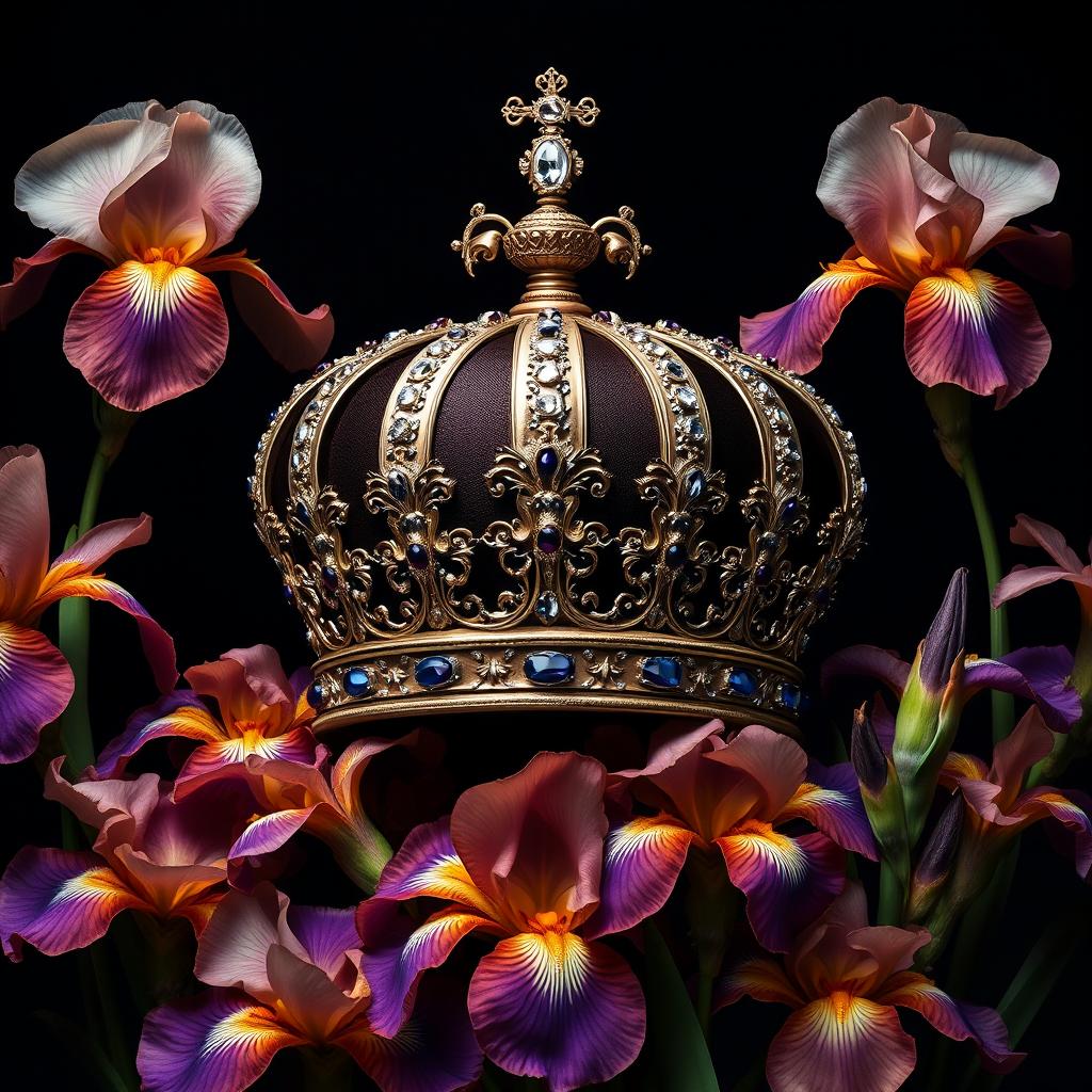 A realistic, intricately designed crown sitting prominently in the center of the image, surrounded by an abundance of striking iris flowers