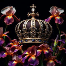 A realistic, intricately designed crown sitting prominently in the center of the image, surrounded by an abundance of striking iris flowers