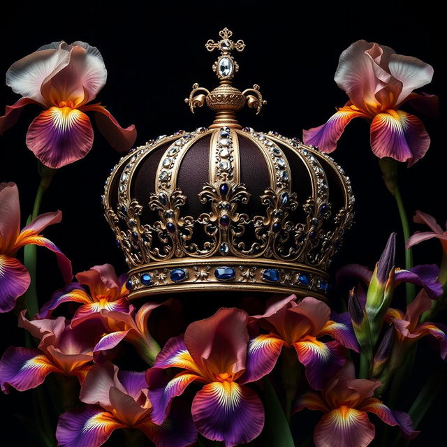 A realistic, intricately designed crown sitting prominently in the center of the image, surrounded by an abundance of striking iris flowers