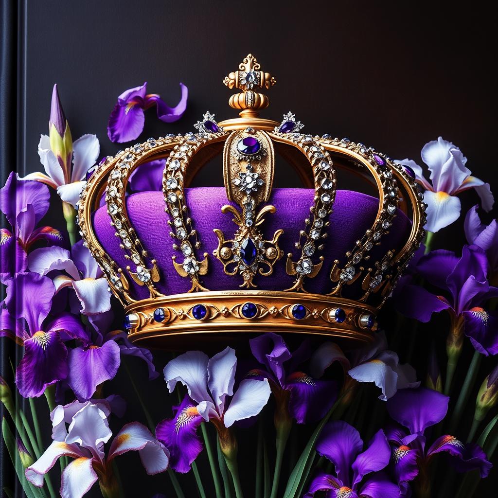 A realistic, beautifully crafted crown, detailed with sparkling jewels and intricate designs, positioned at the center of the cover