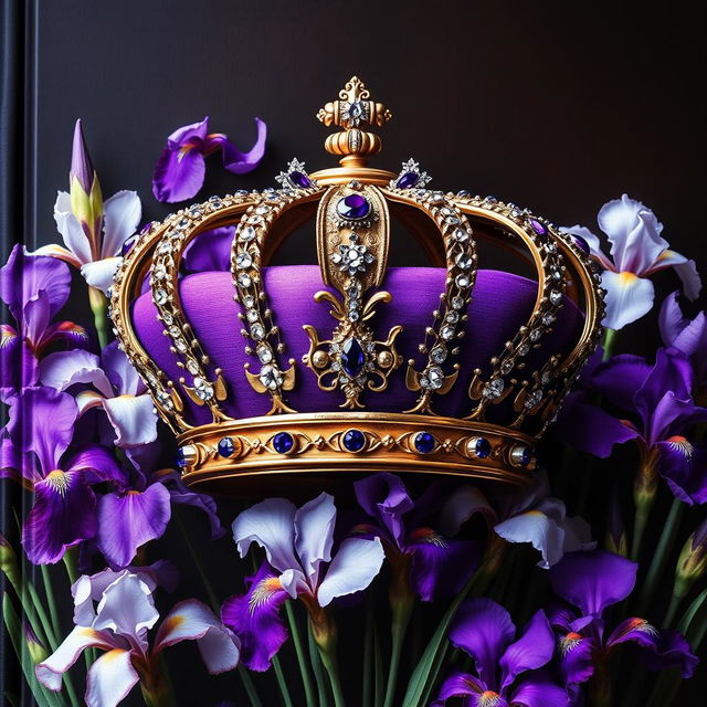 A realistic, beautifully crafted crown, detailed with sparkling jewels and intricate designs, positioned at the center of the cover