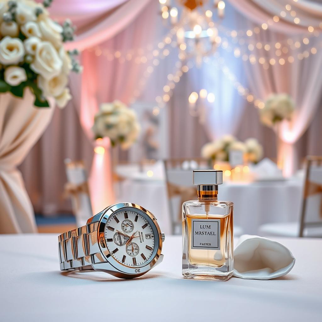 A stunning wedding environment, meticulously decorated with romantic elements like white floral arrangements, soft pastel-colored drapes, and ambient candlelight