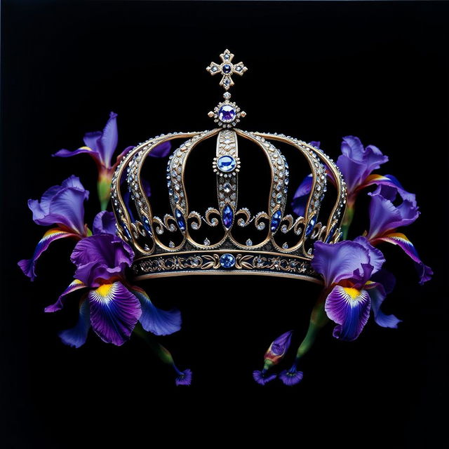 A realistic, intricately crafted crown centered in the image, surrounded by a beautiful arrangement of iris flowers