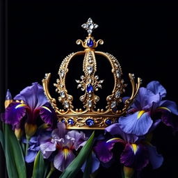 A realistic, intricately crafted crown centered in the image, surrounded by a beautiful arrangement of iris flowers