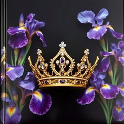 A realistic, intricately crafted crown centered in the image, surrounded by a beautiful arrangement of iris flowers