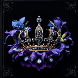A realistic, intricately crafted crown centered in the image, surrounded by a beautiful arrangement of iris flowers