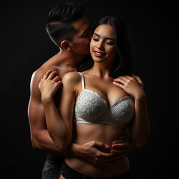 A 39-year-old Indonesian man with pure white skin is tenderly hugging a beautiful 28-year-old woman from behind