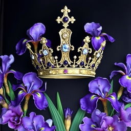 A realistic, beautifully crafted crown elegantly displayed in the center of a cover, surrounded by an arrangement of vibrant iris flowers