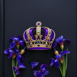 A realistic, beautifully crafted crown elegantly displayed in the center of a cover, surrounded by an arrangement of vibrant iris flowers