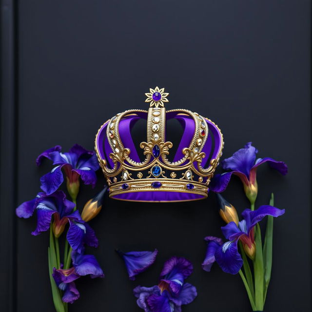 A realistic, beautifully crafted crown elegantly displayed in the center of a cover, surrounded by an arrangement of vibrant iris flowers