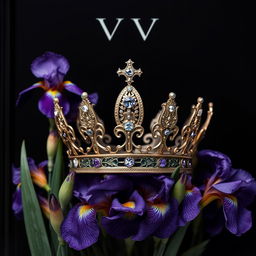 A realistic, beautifully crafted crown elegantly displayed in the center of a cover, surrounded by an arrangement of vibrant iris flowers