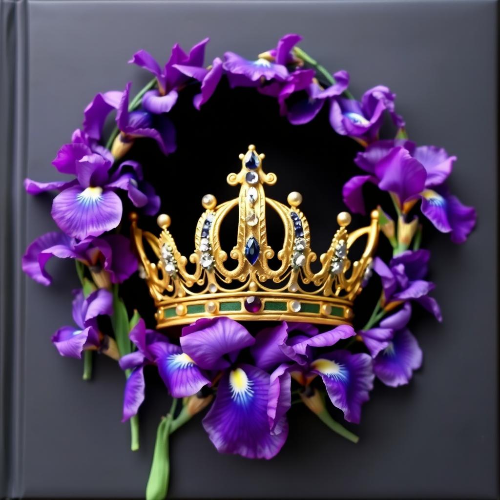 A realistic, beautifully crafted crown elegantly displayed in the center of a cover, surrounded by an arrangement of vibrant iris flowers