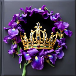 A realistic, beautifully crafted crown elegantly displayed in the center of a cover, surrounded by an arrangement of vibrant iris flowers
