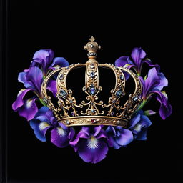 A realistic, intricately designed crown placed at the center of the cover, surrounded by a stunning arrangement of iris flowers
