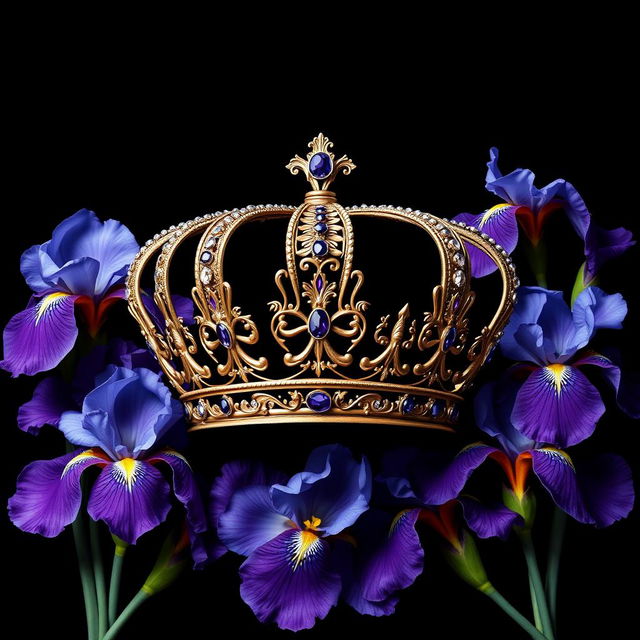 A realistic, intricately designed crown placed at the center of the cover, surrounded by a stunning arrangement of iris flowers