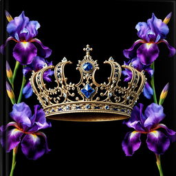 A realistic, intricately designed crown placed at the center of the cover, surrounded by a stunning arrangement of iris flowers