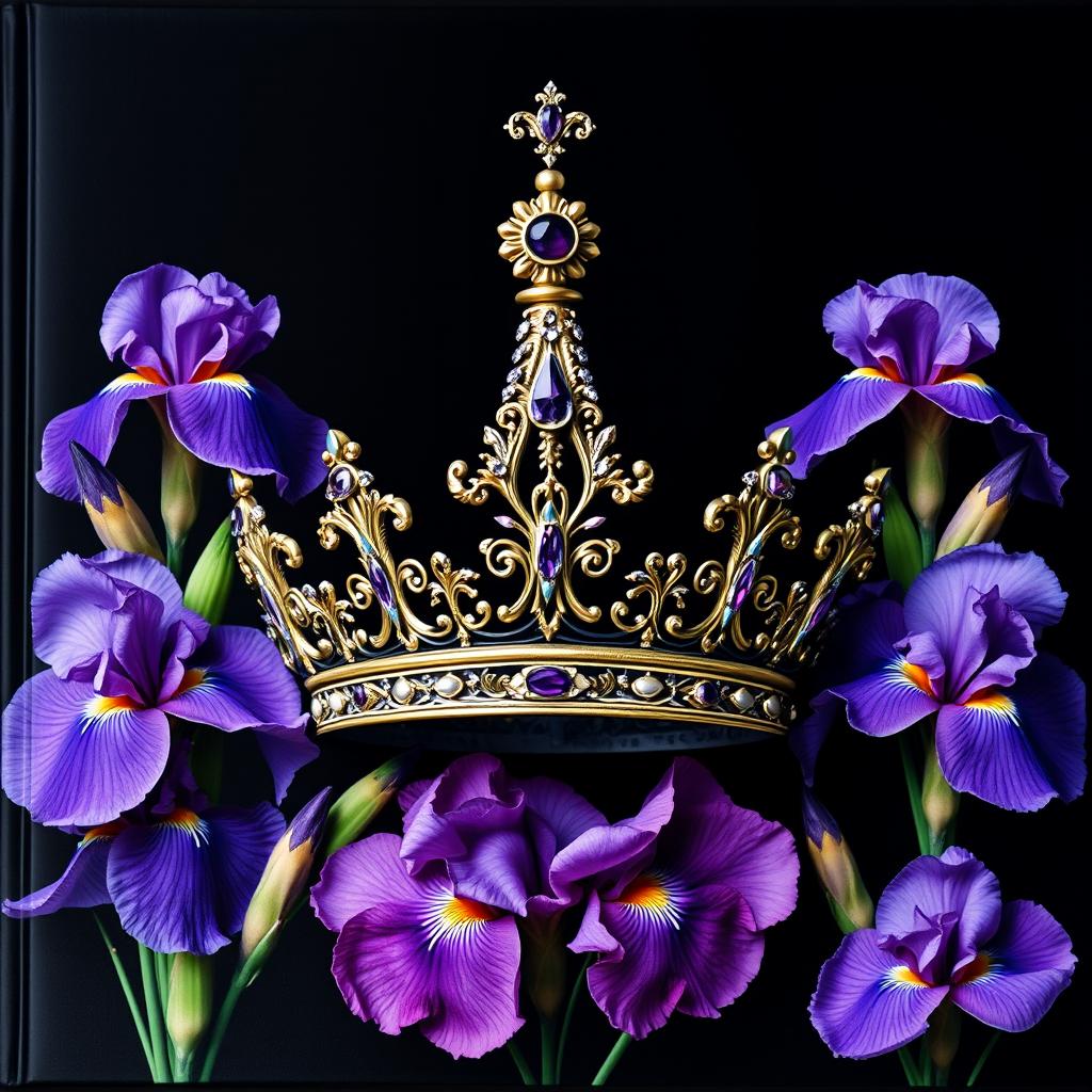 A realistic, intricately designed crown placed at the center of the cover, surrounded by a stunning arrangement of iris flowers