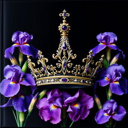 A realistic, intricately designed crown placed at the center of the cover, surrounded by a stunning arrangement of iris flowers