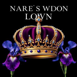 A realistic, intricately designed crown positioned at the center of the cover, elegantly surrounded by vibrant iris flowers