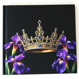 A realistic, intricately designed crown positioned at the center of the cover, elegantly surrounded by vibrant iris flowers
