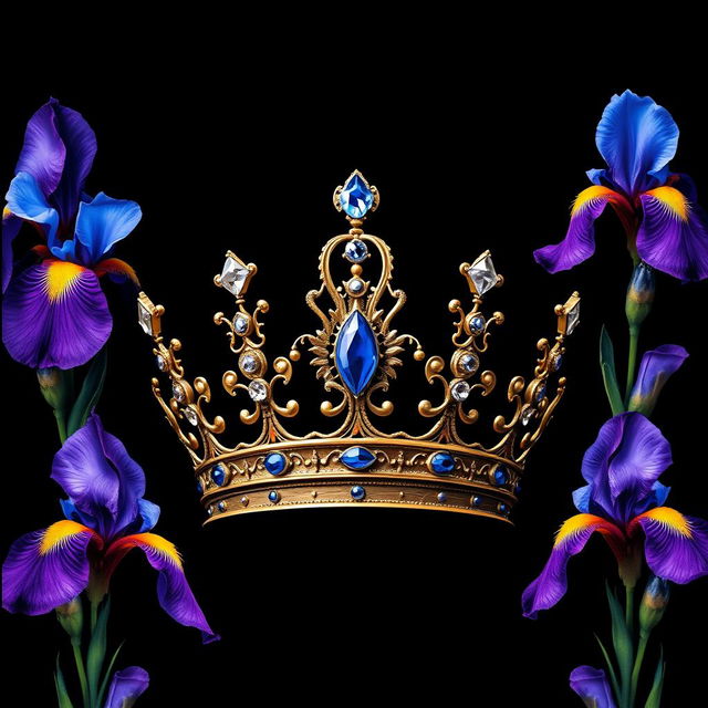A realistic, intricately designed crown positioned at the center of the cover, elegantly surrounded by vibrant iris flowers