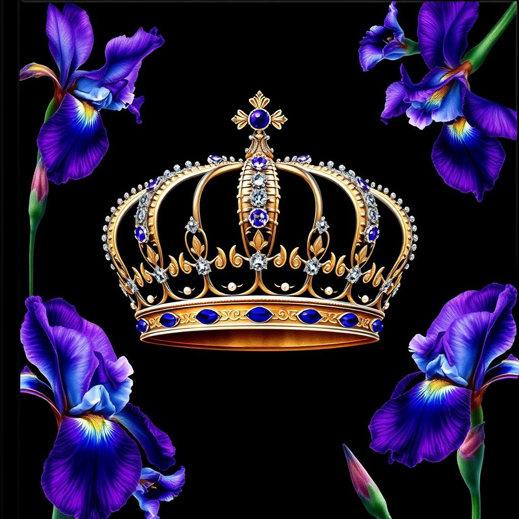 A realistic, intricately designed crown positioned at the center of the cover, elegantly surrounded by vibrant iris flowers