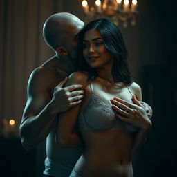 A 39-year-old Indonesian man with pure white skin is hugging a stunning 28-year-old woman from behind in a warm, affectionate manner while kissing her cheek