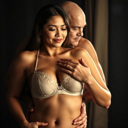 A 39-year-old Indonesian man with pure white skin is hugging a stunning 28-year-old woman from behind in a warm, affectionate manner while kissing her cheek