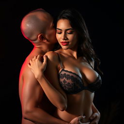 A 39-year-old Indonesian man with pure white skin is affectionately hugging a beautiful 28-year-old woman from behind, kissing her cheek with a blend of tenderness and intimidation