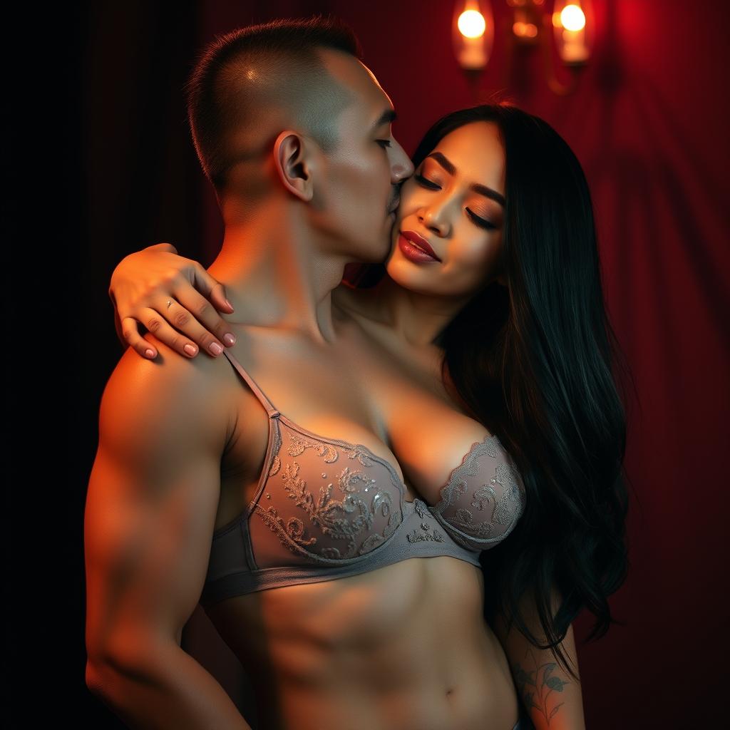 A 39-year-old Indonesian man with pure white skin is affectionately hugging a beautiful 28-year-old woman from behind, kissing her cheek with a blend of tenderness and intimidation