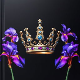 A realistic and intricately designed crown, centrally located on the cover, beautifully surrounded by vibrant iris flowers