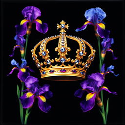 A realistic and intricately designed crown, centrally located on the cover, beautifully surrounded by vibrant iris flowers