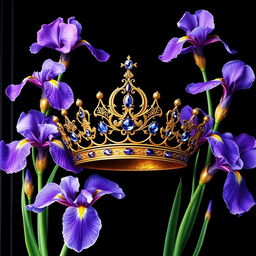 A realistic and intricately designed crown, centrally located on the cover, beautifully surrounded by vibrant iris flowers