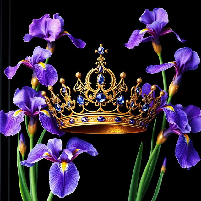 A realistic and intricately designed crown, centrally located on the cover, beautifully surrounded by vibrant iris flowers