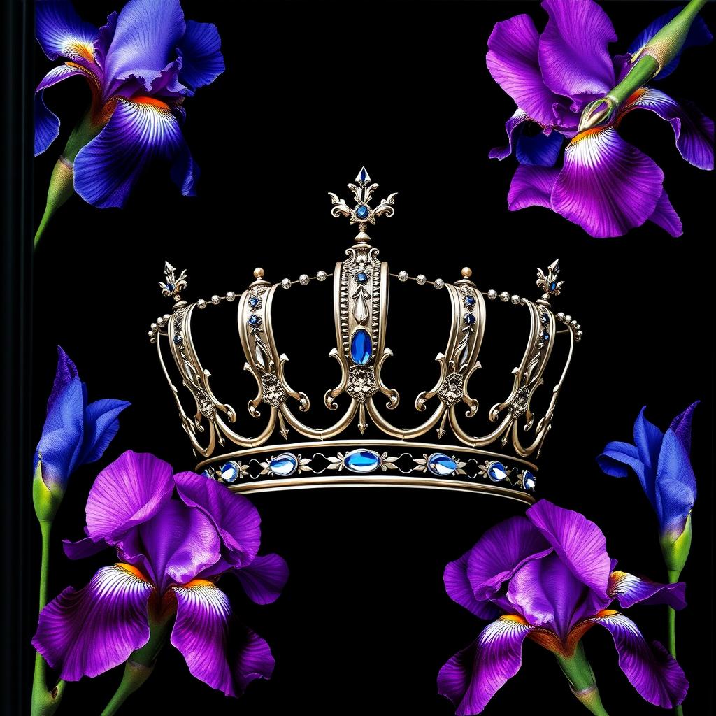 A realistic and intricately designed crown, centrally located on the cover, beautifully surrounded by vibrant iris flowers